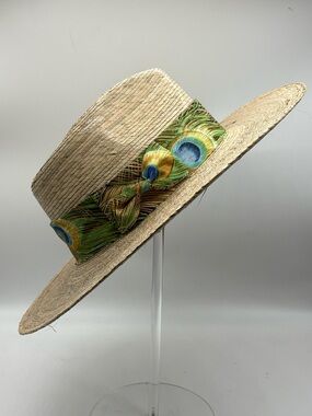 Natural Palm Wide-Brim Hat w/ Peacock Band